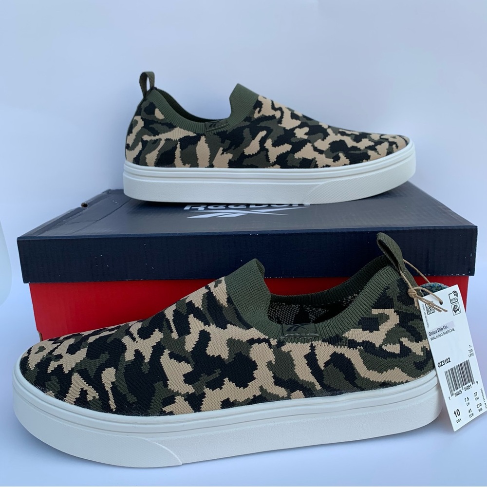 Reebok Onlux Slip On Women’s walking Marche Shoes Sz 10  Stucco Army Green Black